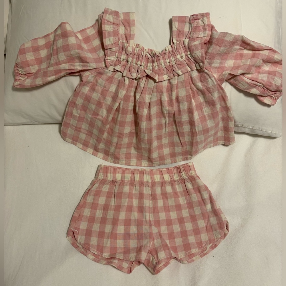 Cloud Island Pink Gingham Off-Shoulder Top and Shorts Set